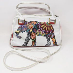 Anttares Elephant Purse Hand Painted Leather Red White Top Handle Shoulder Strap